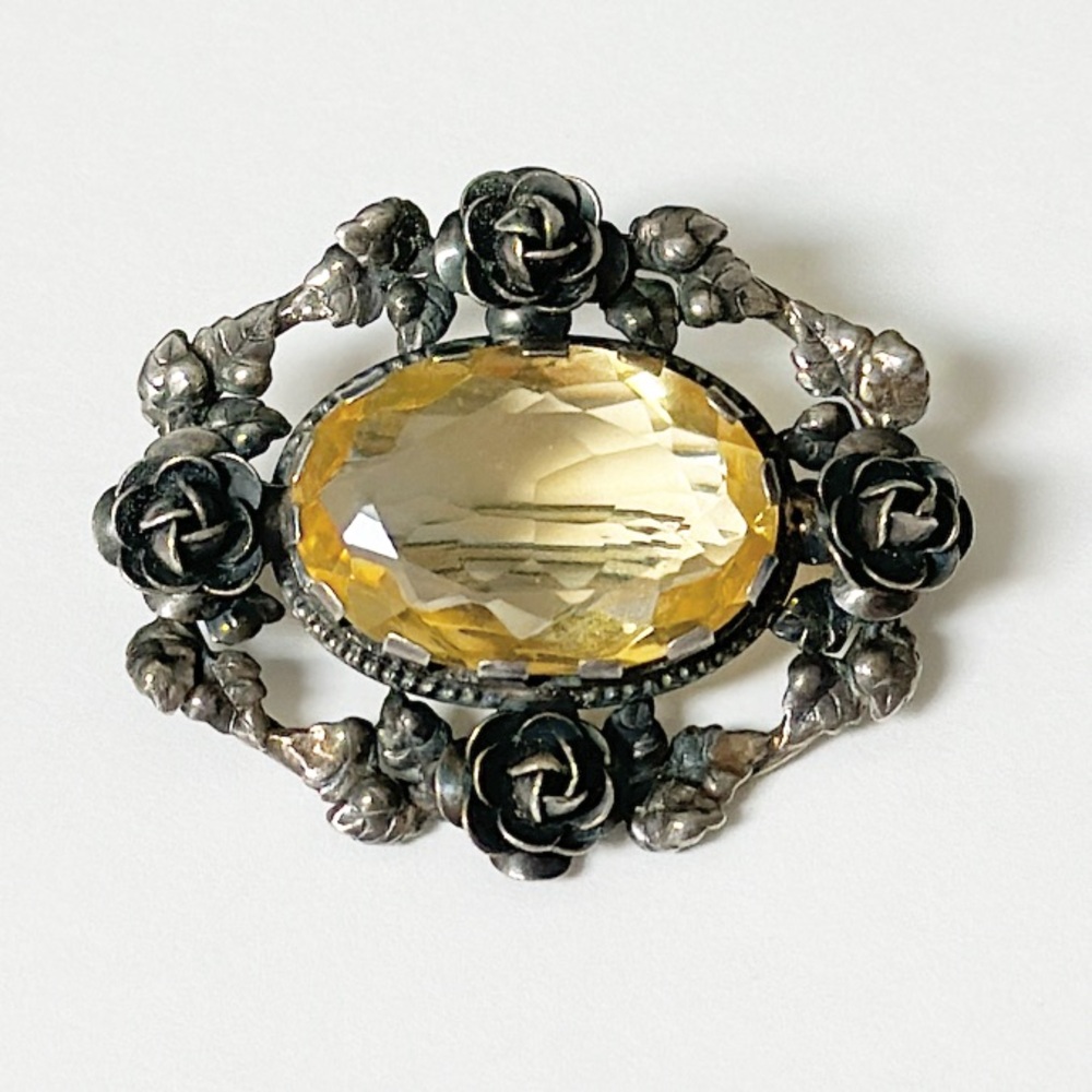 Vintage sterling silver rose frame yellow oval stone brooch pin - Picture 8 of 9